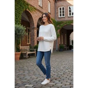 Ethyl White Paisley Ribbed Textured Button-Side Pullover Sweater Wm’s Large Cozy